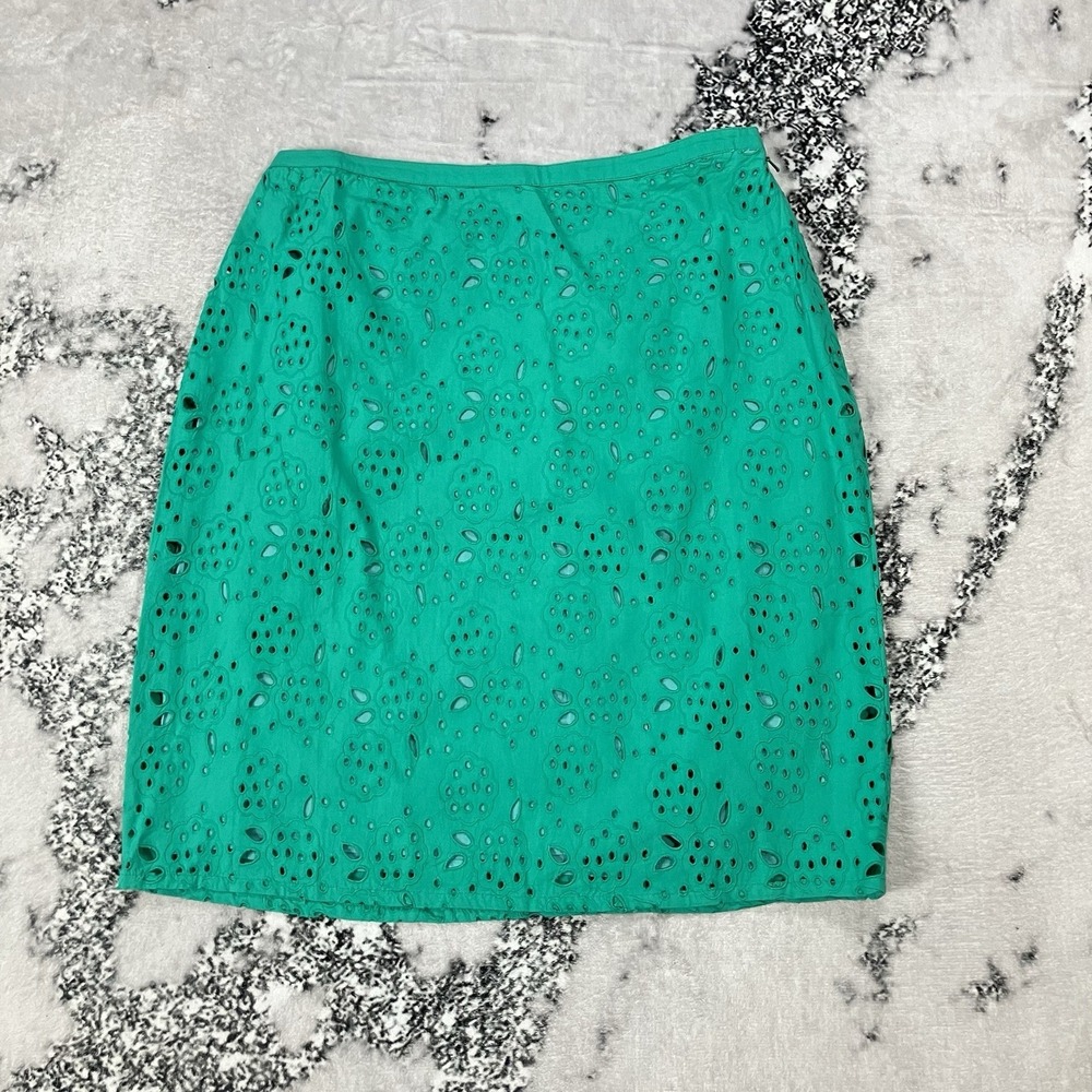 Boden Skirt Womens Size 8R Green Eyelet Floral Print Broderie Pencil 100% Cotton